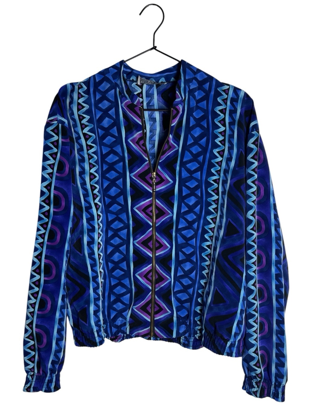 Vintage Kensington Square Geometric Abstract Print Bomber Jacket Blue Purple